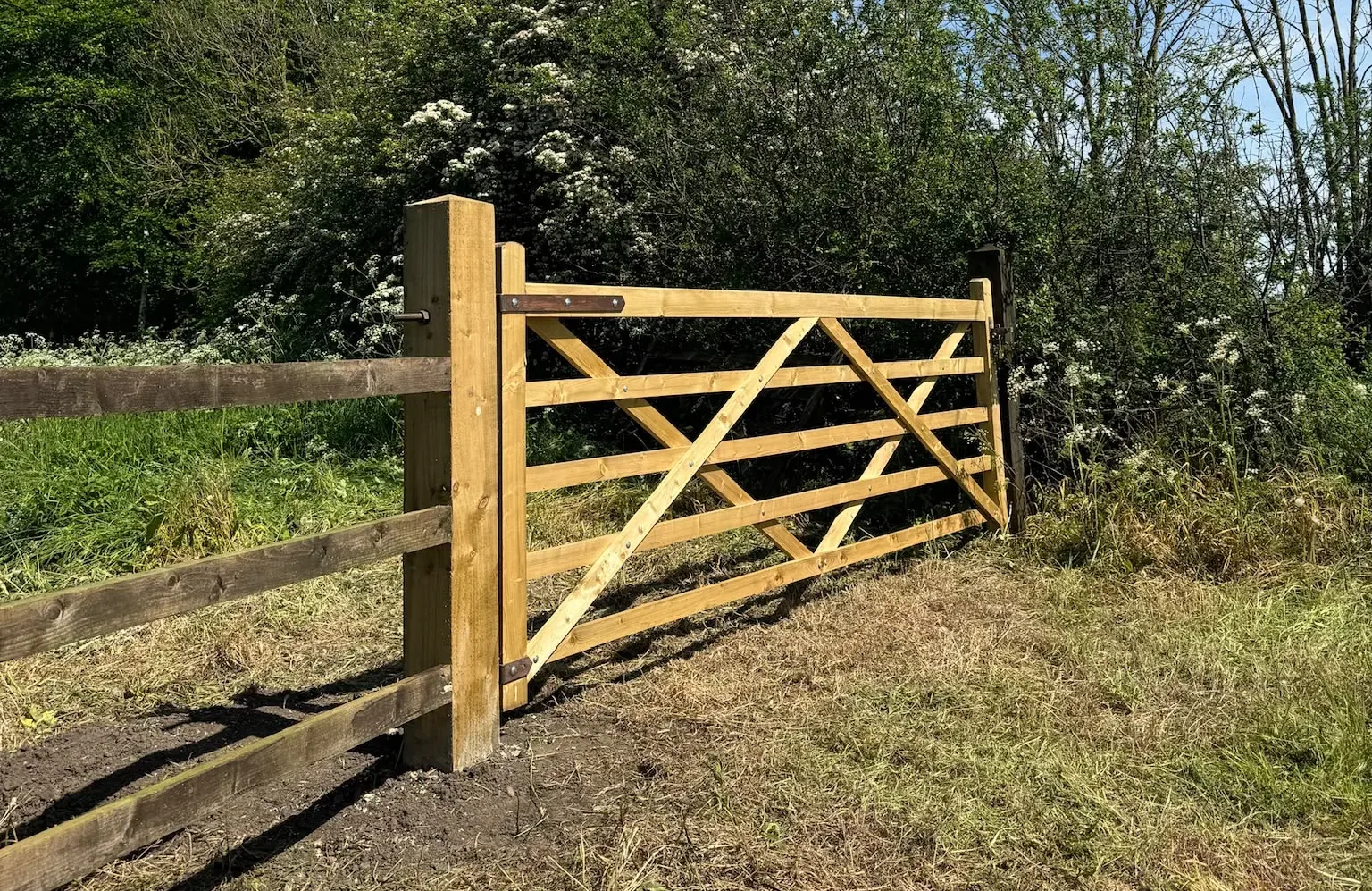 A newly installed timber field gate and post and rail fence on a rural boundary